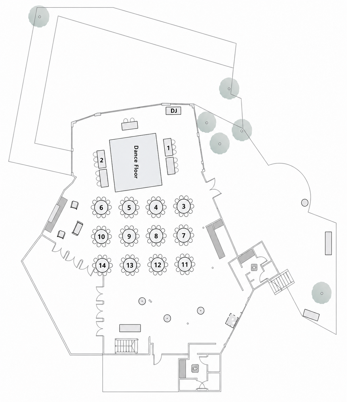 Wedding venue floor plan showing the dance floor and numbered tables 1 through 14